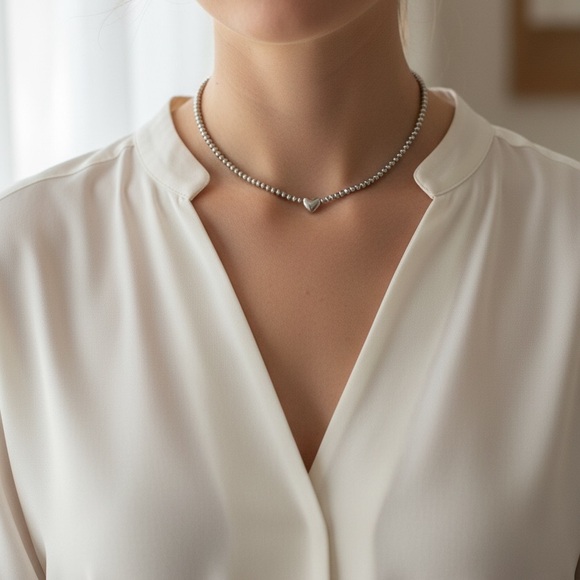 Silver Beaded Heart Necklace - Picture 3 of 3